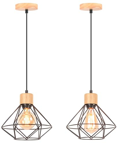 TOKIUS 2 Stücke Pendelleuchten Vintage Industrial Hängelampe Geometrischem Design E27 Lampe aus Holz und Eisen Käfig Lampenschirm Schwarz Hängeleuchte für Esstisch Küche (Pendellampe 1-flammig, 22cm)