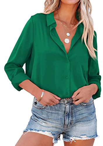 NONSAR Bluse Damen Elegant Lange Ärmel Hemdbluse mit Stehkragen Büroblusen Lässige Oberteile(9352M,Grün)