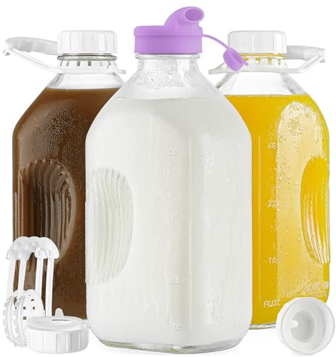 3 Pack 64 Oz Heavy Duty Glass Milk Bottle with Silicone Dispenser Cap and Reusable Airtight SCREW LID, 2 Qt Glass Water Bottle with 2 Exact Scale Lines - Glass Milk Jug Pitcher