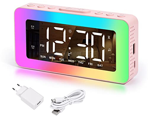 SZELAM Digitaler Wecker,RGB-Farbiger Wecker für Schlafzimmer,Doppelalarm mit Tag/Wochentagen/Wochenende,USB-Ladeanschluss,Snooze,Extra Laut,Dimmbare Spiegeluhren für Kinder,Jungen,Mädchen,Teenager