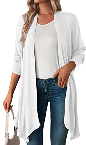 WINKEEY Cardigan da Donna a Manica Lunga Aperto sul Davanti Casual Cardigan Sottile Leggero e Morbido Top Primaverile Elegante Giacca a Maglia, Bianco M