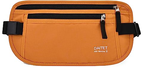 RFID-blockierender Geldgürtel für Männer und Frauen, schlanke Bauchtasche für Reisen, Laufen, verdeckte Taille für Reisepasshalter, Handy,Orange, RFID Blocking & Belt Wide:1inch