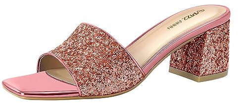 PIZZ ANNU Mules Sandals for Women Block Chunky Heel Slides Ladies Summer Slip on Square Open Toe Heeled Wedding Shoes Size 4 Rose Gold