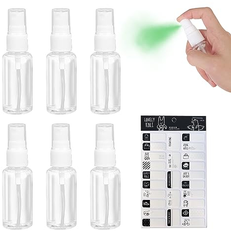 GVSAVY 6pcs 20ml spray bottle with 1 sticker sheet, mini plastic spray bottle, portable travel spray bottle, refillable liquid sprayer for lotion, perfume and other liquid