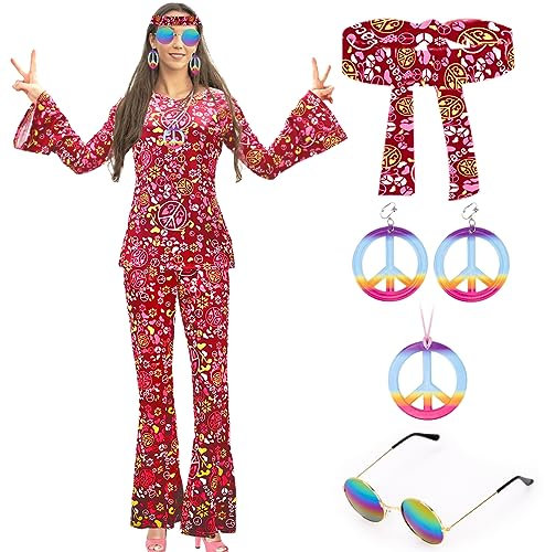 Occzin 60er 70er Jahre Bekleidung Damen mit Hippie Oberteil Schlaghose Damen Accessoires, Disco Outfit Kostüm Damens Hippie Kleidung 70er Mode Flower Power Kleidung Damens Faschingskostüm Mädchen (XL