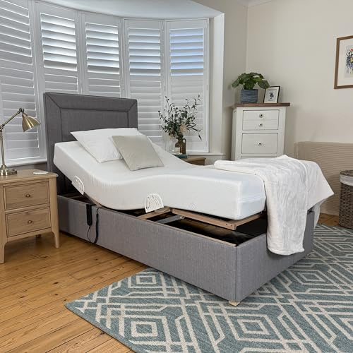 Backcarebeds Majestic Adjustable Electric Bed 3ft 6' Large Single, Ash Grey | Orthopaedic Adjustable Single Bed Including Base, Headboard, Memory Foam Mattress & Dual Hand Controls.