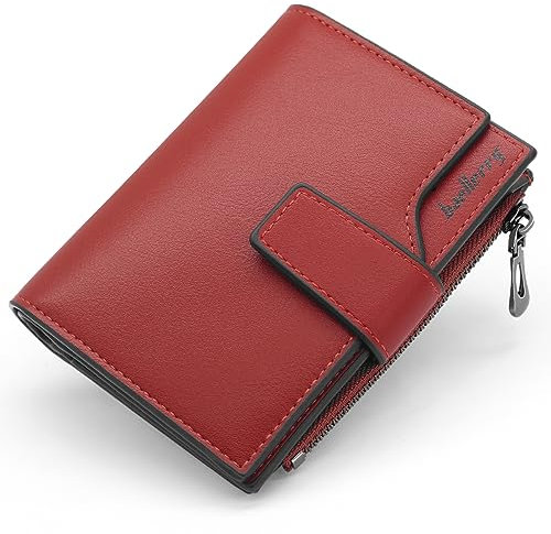 HNOOM Porte Monnaie Femme en Cuir PU Porte Feuilles pour Femme Court Lisse et Souple Petit Portefeuille Femme avec 15 Emplacements Cartes et Zippé Pochette à Monnaie (Rouge Vin-X)