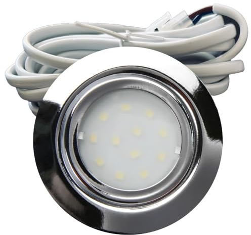 Rolux IP44 Möbel Einbauleuchte Leni 12V flach 5 x 2,4W LED-Einbaustrahler 55mm Lochausschnitt 200lm Chrom inkl. LED Trafo, AMP Verteiler, 230V Zuleitung mit Schnurschalter 3000K Warmweiß
