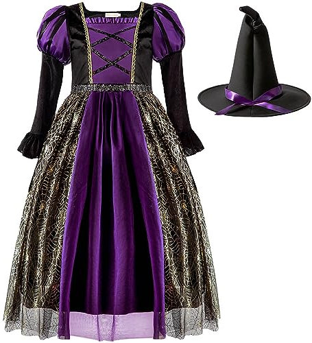 Susenstone Deguisement Halloween Fille Costume Sorciere Fille Robe Princesse avec Chapeau Deguisement Sorcière Halloween Enfant Fille Sorciere Cosplay Carnaval Costume 3-12 Ans, Violet