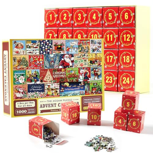 Christmas Advent Puzzle Calendar 2024,1000 Pcs Christmas Advent Calendar Jigsaw Puzzles,Xmas 24 Days Advent Countdown Gift for Adults Kids (red)