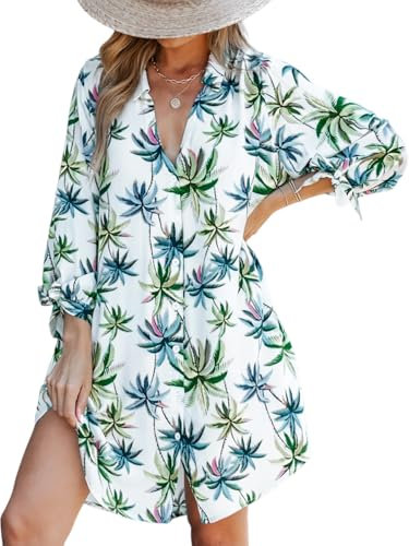 CUPSHE Damen Blusenkleid V Ausschnitt Knopfleiste 3/4 Arm Lockeres Sommerkleid Freizeitkleider Bikini Cover Up Hemdblusen Shirt Mini Dress Grünes Blatt S