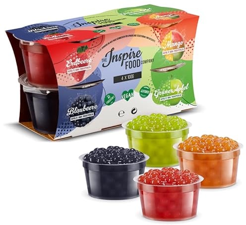 INSPIRE FOOD Bubble Tea Perlen Set - 4er-Pack Popping Boba Fruchtperlen | Erdbeere, Mango, Grüner Apfel, Heidelbeere | Tapioka Perlen 100% vegan und glutenfrei, ohne künstliche Farbstoff, je 100g