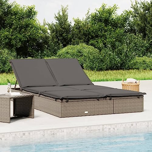 Willood Sonnenliege für 2 Personen mit Auflage Grau+Dunkelgrau Poly Rattan Gartenliege Verstellbare Sitzfläche, Liegestuhl Liege mit Auflage, Relaxliege Strandliege Gartenmöbel