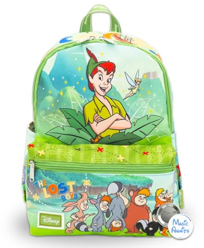 Peter Pan Mini-Rucksack für Kinder – Peter-Pan-Rucksack mit 33 cm Disney Peter-Pan-Mini-Rucksack mit Vordertasche, 740 ml Wasserflasche, mehr | Disney Mini-Rucksack, Peter Pan Rucksack für Damen,