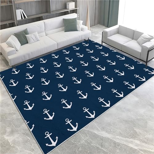 Teppich Waschbar in Waschmaschine Blauer Anker Teppich Wohnzimmer Wohnkultur Flanell Rug Couchtisch Schlafzimmer Nachttisch Matte Großer Teppich 120 x 170cm