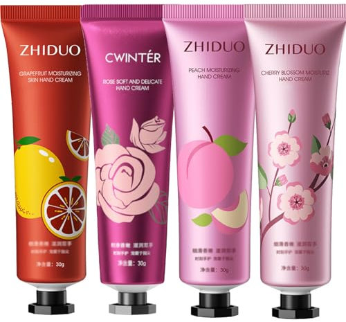 Lot de 4 crèmes pour les mains très sèches, crème hydratante non grasse, parfum fleurs de fruits, lotion de soin des mains (rose, pamplemousse, fleur de cerisier, pêche)