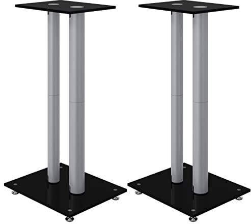 1 Paar Boxenständer, 2 Säulen, 2er-Set Lautsprecherständer Speaker Stand für Regallautsprecher, Universaler Boxen-Ständer, Lautsprecher Standfuß, Schwarz & Silbern Hartglas 30 x 25 x 65 cm