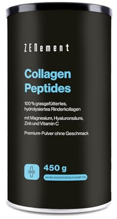 Péptidos de Colágeno Hidrolizado de Ganado Bovino Alimentado con Pasto - con Magnesio, Ácido Hialurónico, Zinc y Vitamina C - Sin Sabor - Alta Solubilidad - 450 g