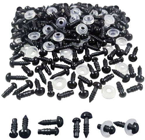 FANGZIDM 100 Stück Sicherheitsaugen mit Unterlegscheiben 5MM 7MM Schwarz Kunststoff Spielzeugaugen für Puppenherstellung Spielzeuge Zubehör DIY