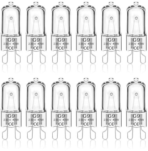 Goerpn 12 Pack G9 Halogen Light Bulbs, 40W, 2700K Warm White, 560lm, 300°C Heat Tolerant, Dimmable, 360° Lighting, 2500H Lifespan, Suitable for Ovens, Microwaves, Wax Burners, etc.