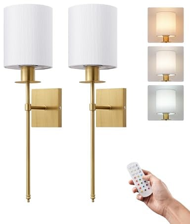 EDISHINE 2 lámparas de pared con batería para interiores,lámpara de pared inalámbrica regulable con mando a distancia, 12 colores y 2 modos dinámicos,dorado
