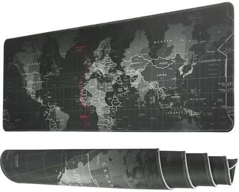 Large Mouse Pad,Black Gaming Mouse Mat, Extended XL Mousepad with Non-Slip Rubber Base,Office Full Desk Mat with Stitched Edges,Long Keyboard Mouse Pad,31.5×11.8×0.12in(World Map)