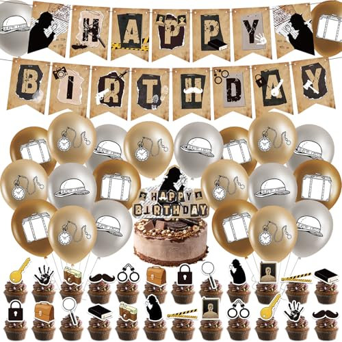 44 Stück Detectiv Geburtstag Deko, Dedektivparty Geburtstag Kridinner Deko Luftballons Kindergeburtstag Deko Geburtstag Happy Birthday Banner Cupcake Toppers Junge Detectiv Mystery Secret Party