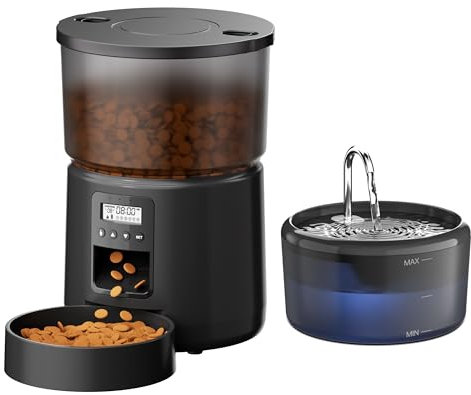 Distributeur Croquettes Chat Automatique et Fontaine: Distributeur Croquettes Chien et 2,4L Fontaine a Eau Chat - 3L Mangeoire de Nourriture Animaux avec Minuterie Programmable 6 Repas - 10S Voix Noir