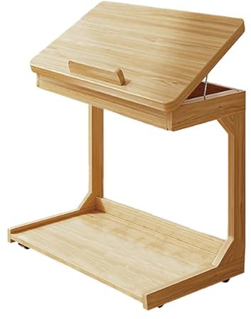 WUGCHDA Mesa de sofá en forma de C, mesa auxiliar con ruedas giratorias de 360°, escritorio inclinable ajustable de 40° para sofá, laptop, café, mesa C para sala de estar (natural, 23.6 x 15.7 x 24.8