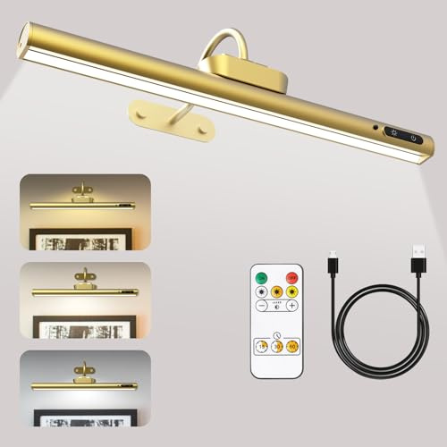 Snovire Rechargeable Picture Light, 4000mAh Battery Operated Wall Light with Timer & Memory & 3 Color Temps & Brightness Adjustable, Wall lamp for Dartboard Photo Mirror (15.7”, Gold)