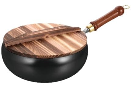 Chinese Handmade Cast Iron Wok, Frying Pan with Lid and Wooden Handle, Uncoated Hand Forged Big Belly Pot, Hand-Forged Wok Pan Non Stick, Versatile Cooking Suitable for Induction