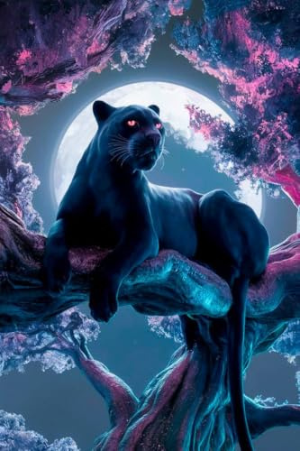 Picmondoo Diamond Painting - 50x75cm - Black Panther Kirschblütentraum | quadratische Harzsteine, AB-Steine, Strass- & Metallicfarben, klares Raster, Stift, Wachs & Schale für entspanntes DIY