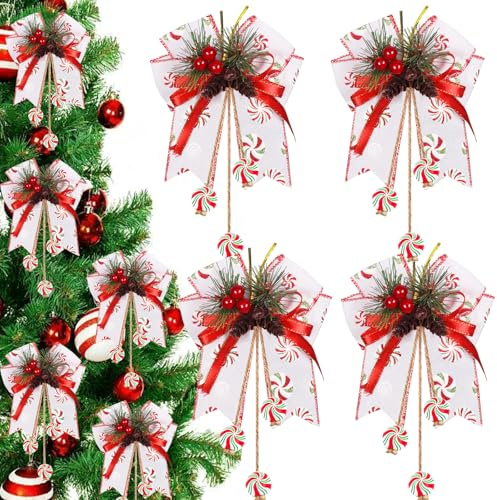 Fiocchi per Albero di Natale, 4 Pezzi Grandi Fiocchi Rossi Albero di Natale, Decorazioni Alberos di Natales,Fioccos Puntale Alberos di Natales,Decorazioni Natalizie per Ghirlande,Caminetto,Recinzione