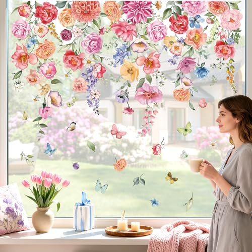 wondever Fensterbilder Blumen Hängende Ranken Schmetterlinge Fenstersticker | Wiederverwendbar, Doppelseitig Statisch PVC Fensterdeko, Fenster Vogelschutz, Frühling Deko für Glas Tür Wohnzimmer Küche