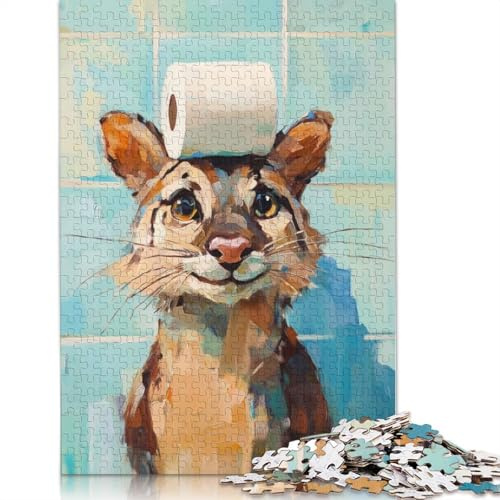 Cat with Toilet Paper Hat Puzzle Jigsaws 500 Pieces for Adults Wood Puzzles Wooden Puzzles Educational Game Challenge Toy 500pcs (52x38cm)