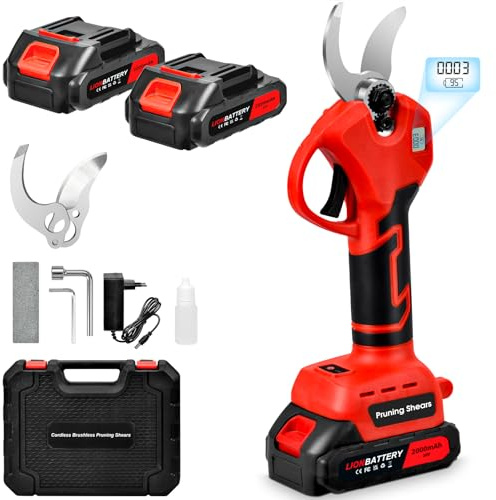 Akku-Astschere, 30MM Gartenschere mit 2 Akku 2000mAh, Bürstenloser Motor Elektrische Bypass Baumschere, LCD Anzeige, Akku Baumschere für Äste, Büsche und Stämme