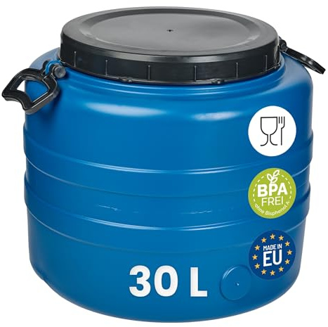 Garronda 30 L Weithalsfass Futtertonne Wassertank HDPE Regenfass GD-0186 | Blau, mit Deckel, für Wasser, Lebensmittel, Lagerung und Fermentierung, als Kunststofffass, Gärbehälter und Vorratsfass
