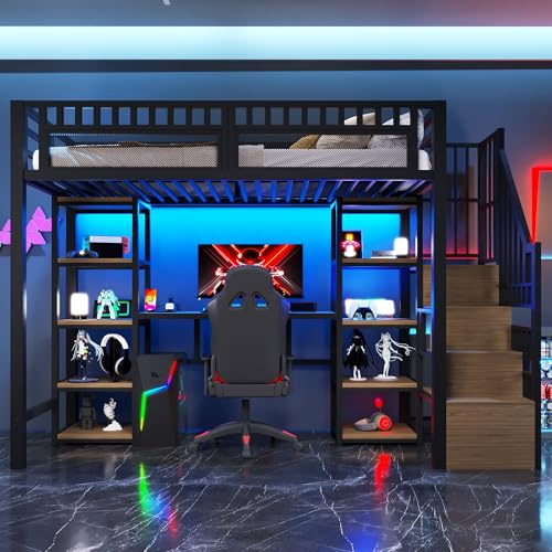 Lubvtti Letto a soppalco in ferro 90 x 200 con LED,porta USB,scrivania,vano contenitore,scala con spazio contenitore,letto a castello per bambini,struttura letto per bambini,Nero