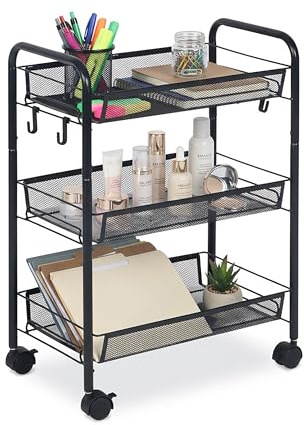 Relaxdays Rollwagen, 3 Mesh-Etagen, Servierwagen, Küchenwagen Bad & Büro, HBT 63x44,5x26 cm, Bastelwagen Metall, schwarz