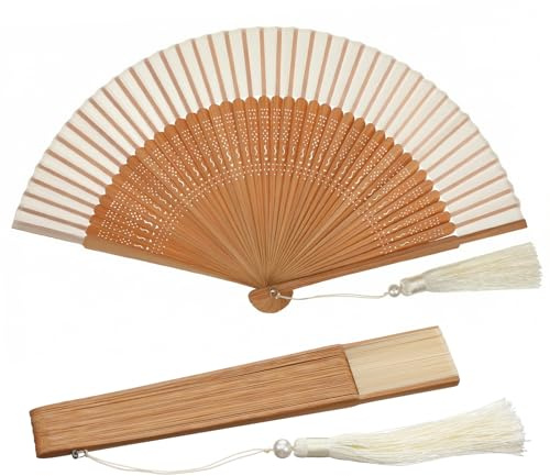 Nogeqi Handheld Folding Fan, Portable Bamboo Hand Fans for Women Foldable, Decorative Chinese Fan for Hot Flashes, Summer Cooling, Dancing Wedding Church Performance (White)