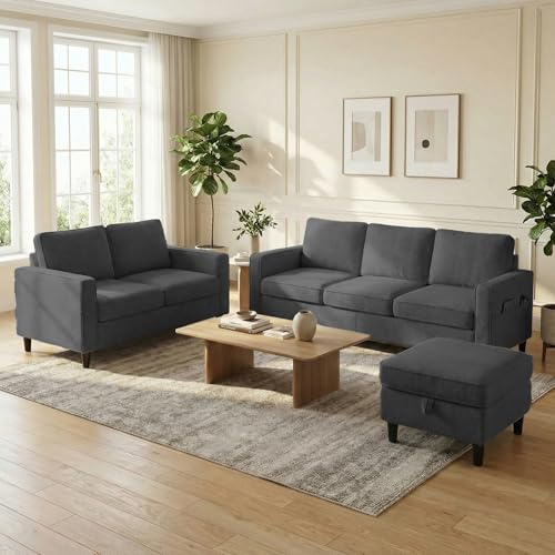 Mjkone 3 Pieces L Shaped Sofa Couches Set for Living Room Sets Furniture, 78 Width Linen Sectional 3-Seater Sofa Couch and Loveseat Set with Storage Ottoman and Side Pocket for Home Office, Dark Grey