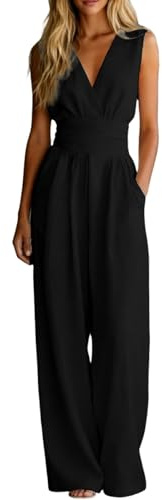 Jumpsuit Damen Elegant V Ausschnitt Ärmellos Overall Plissee Weite Beine Playsuit mit Taschen Elegant Hosenanzug Festlich Weites Bein Hosenanzug Summer Casual Baggy Overalls Playsuit Buisness Romper