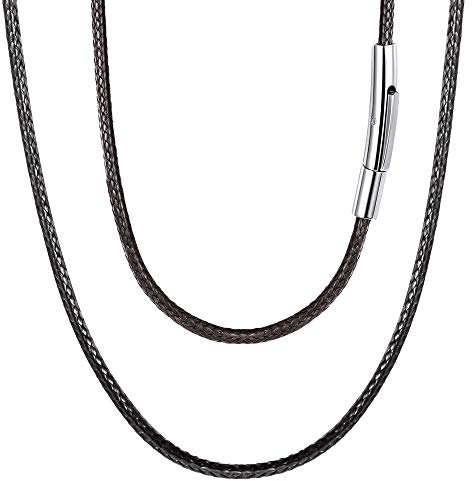 FOCALOOK Halskette/Armband Mode Kunstleder Collier Schwarz Wachsschnur Kette 45CM 2mm breit Geflochten Lederkette Gothic Lederband mit Edelstahl Verschluss für Männer Frauen Jungen Mädchen