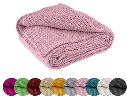 wometo Couverture Douillette en Tricot 140x190 cm Rose - Couverture en Tricot oekoTex Couverture Chaude et Douce avec Un Motif de Tricot Noble et Simple
