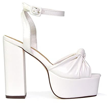 Womens Ankle Strap Sandals Ladies Block Heel Platform Party Peep Toe Shoes Size 3-8 White Synthetic Leather