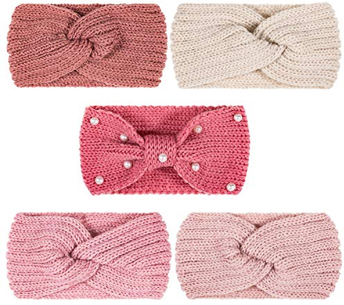 Whaline 5 Pieces Winter Knit Headbands Chunky Knit Headbands,4 Elastic Turban Head Wraps and 1 Pearl Crochet Hair Band, Ear Warmer Crochet Head Wraps for Women Girls (Pink Colors)