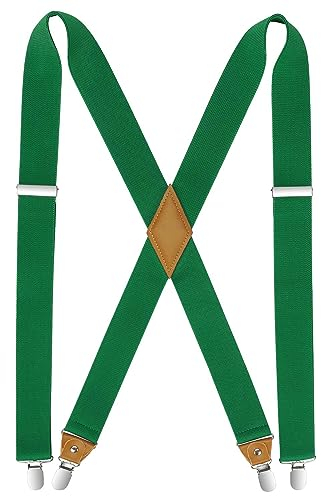 HISDERN Herren 3,5 cm breiter Hosenträger in X-Form mit sehr Starken 4 Metall Clip für Männer und Damen elastisch und verstellbar Grün