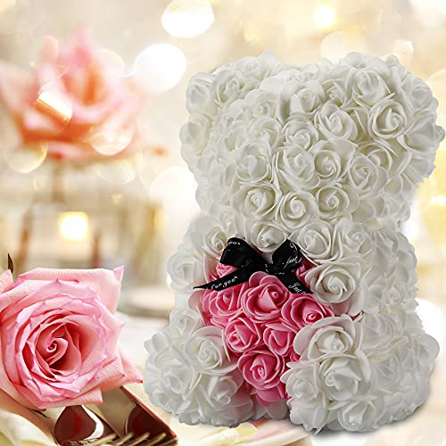 Gifts for Women,Birthday Gifts ,Rose Flower Bear-Hand Made Rose Teddy Bear,Best Artificial Decoration Gifts for mom, Gifts for Girls,Unique Gifts,The Perfect Party Clear Gift Box (White)