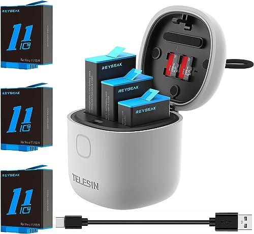 REYGEAK AllinBox Chargeur pour Hero 12 Hero 11/10/9 avec Fonction Lecteur de Carte SD USB 3.0 Haute Vitesse, boîtier étanche pour GoPro Hero 12/11/10/9, IP54 étanche (Chargeur + 3 Batteries)