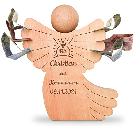 Holzengel mit Gravur - personalisierter Schutzengel zur Kommunion - Engel aus Holz Geschenkidee zur Kommunion - personalisierte Geschenke für Kinder und Baby Geschenkidee für Jungen/Mädchen